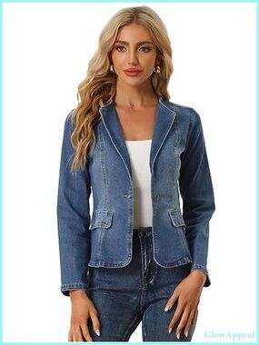Collared Fitted Denim Blazer One Button Jean Jacket Long Sleeve